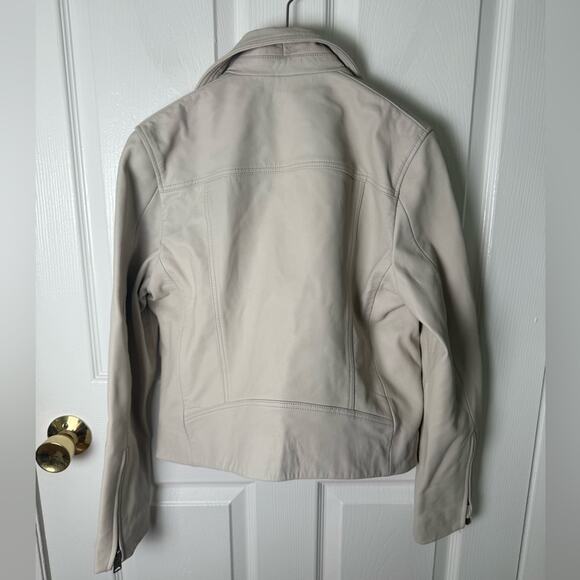 All Saints Leather Biker Balfern Belted Hem Zip Up Long Sleeve Jacket Ivory 8 - Picture 4 of 8
